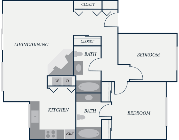 Floor plan for 2 beds, 2 baths, 976 sqft